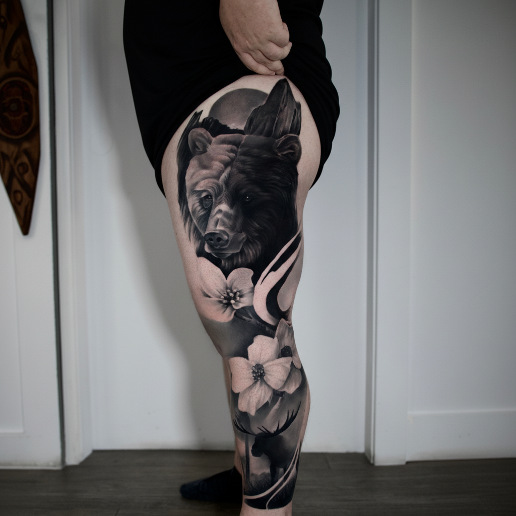 Black and grey realism bear tattoo by Leilani Tattoos & Art